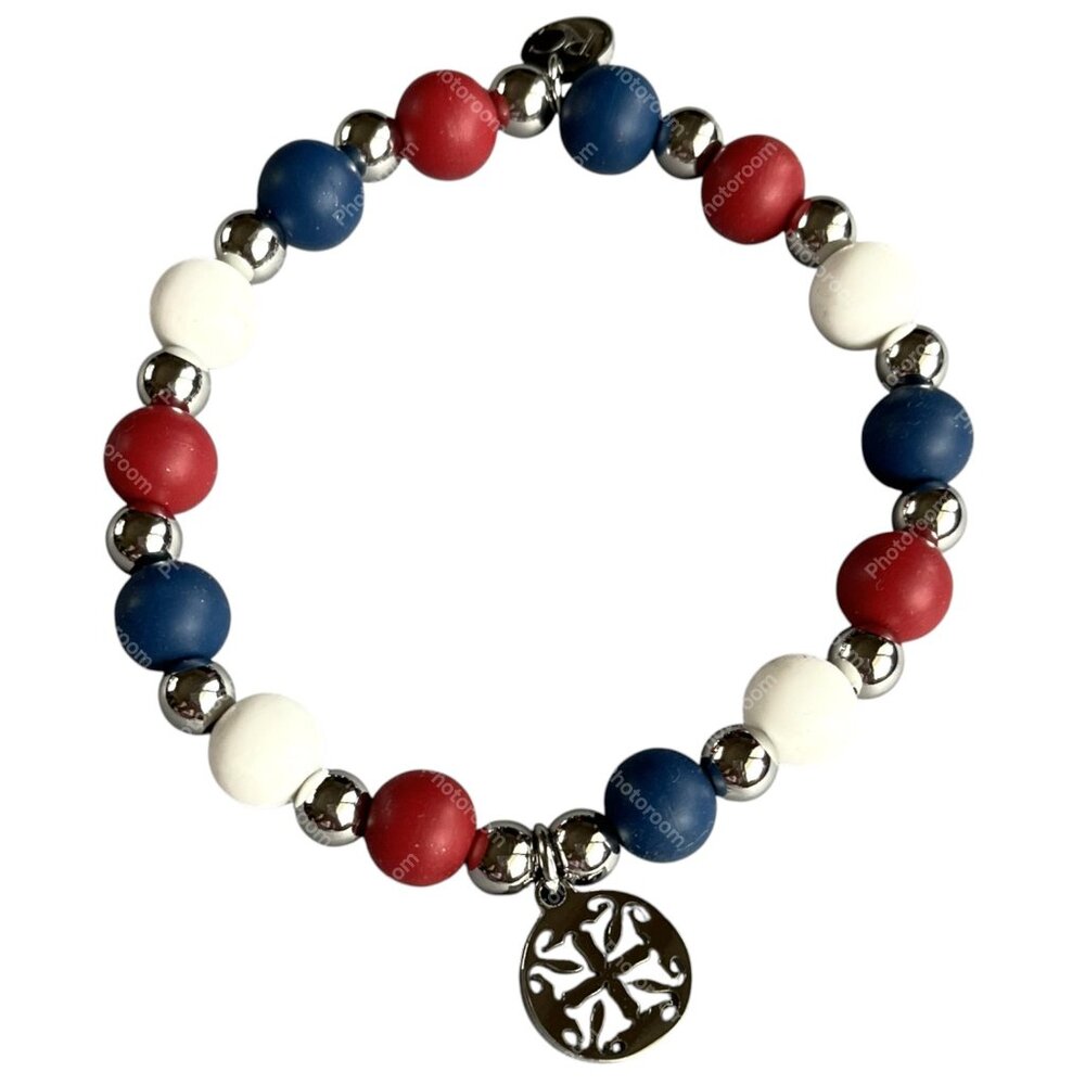 Rustic Cuff Stainless Patriotic Silicone Beaded Stretch Bracelet NWOT